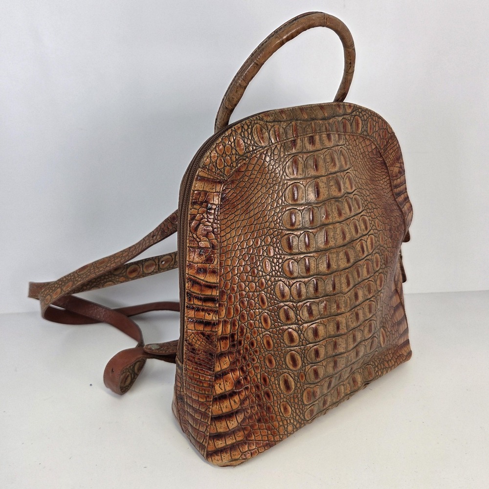 Brahmin Backpack Womens Small Brown Croc Embossed Leather Suede Lined Gold Tone